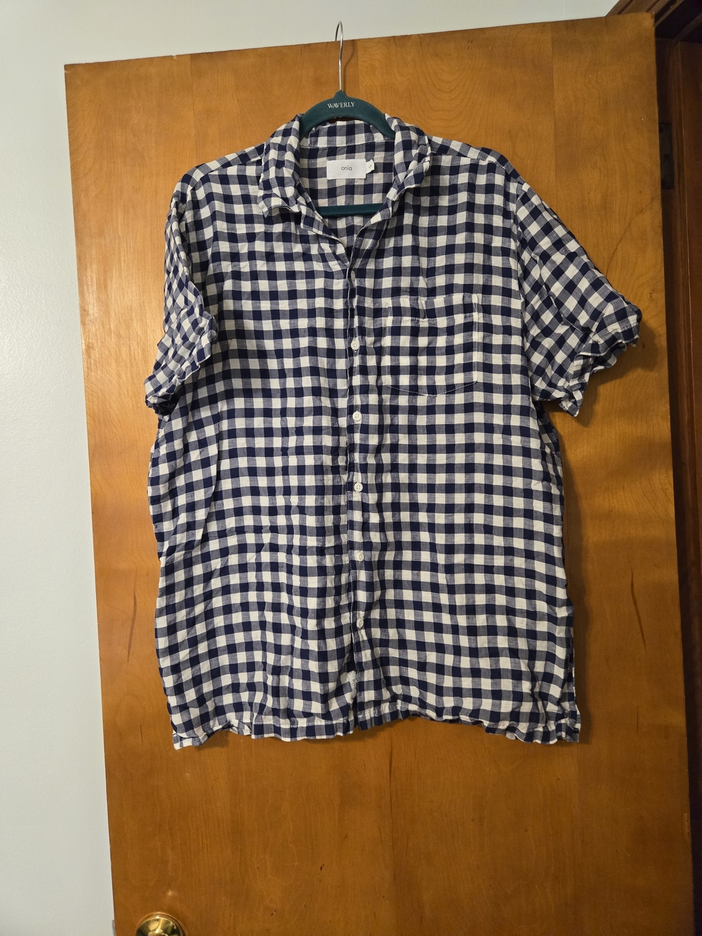 Onia Blue & White Gingham Linen Blend Short Sleeve Camp Shirt Size L